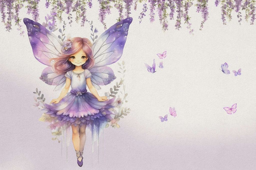 Lila Schmetterlingselfe im Blumengarten.