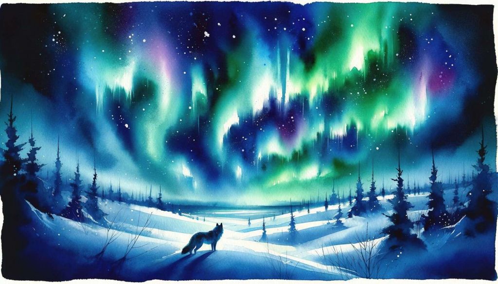 Polarfuchs und Nordlichter