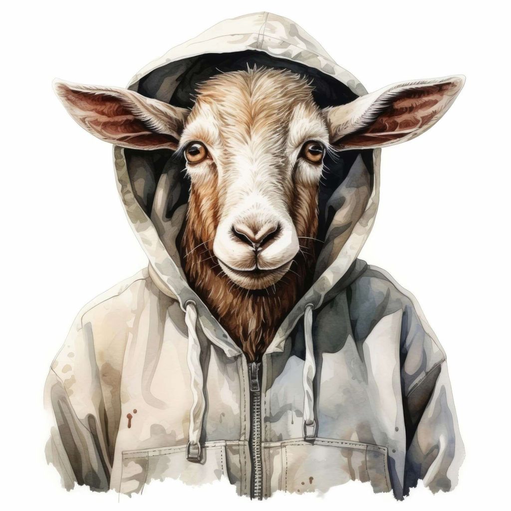 Aquarell-Cartoon-Ziege in einem Hoodie