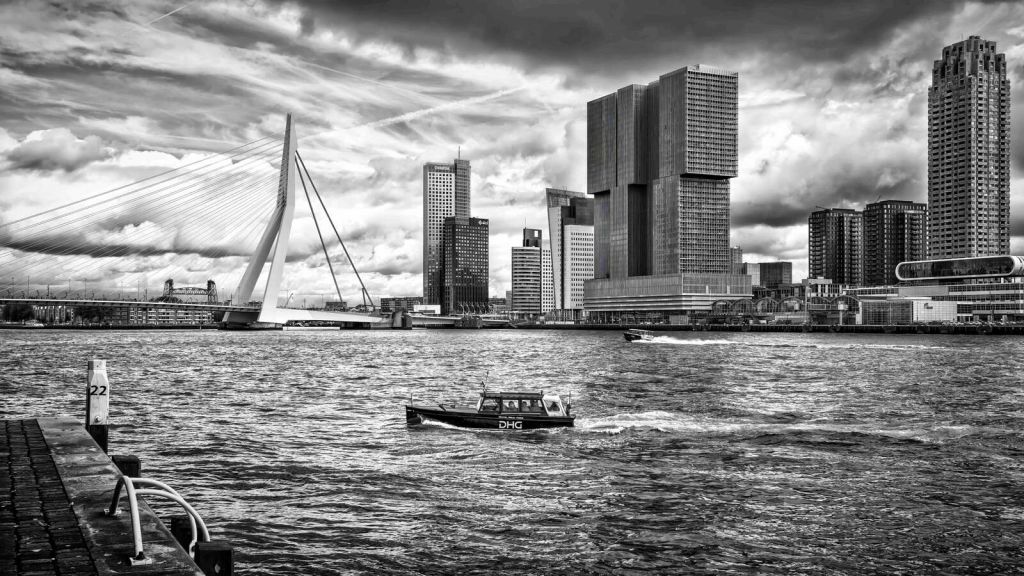 Erasmusbrücke und Skyline in Monochrom