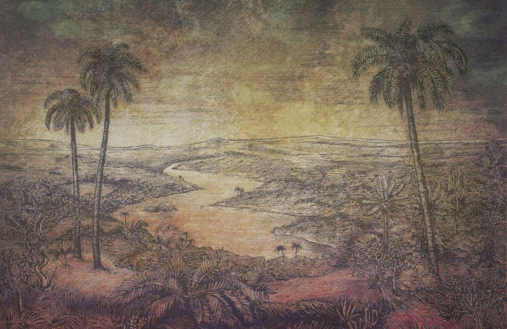 Tropische Flusslandschaft bei Sonnenuntergang