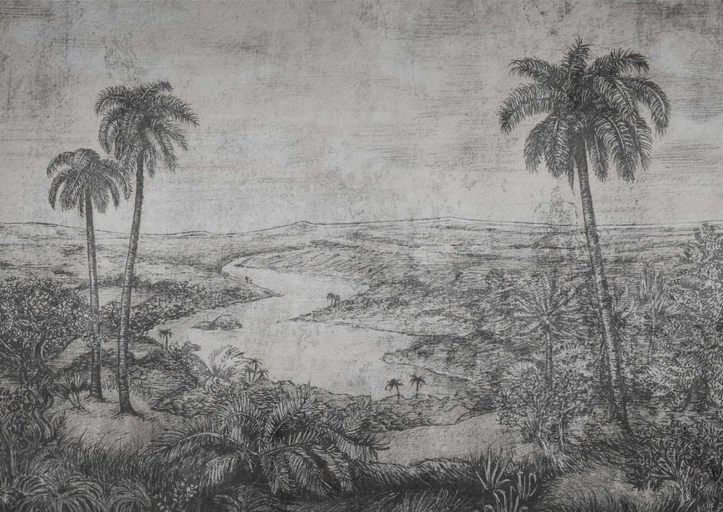 Palmenlandschaft im grauen Gravurstil