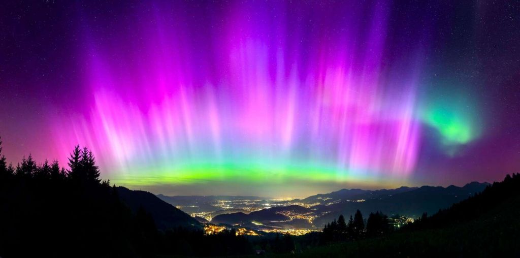 Nordlicht über beleuchteter Bergstadt
