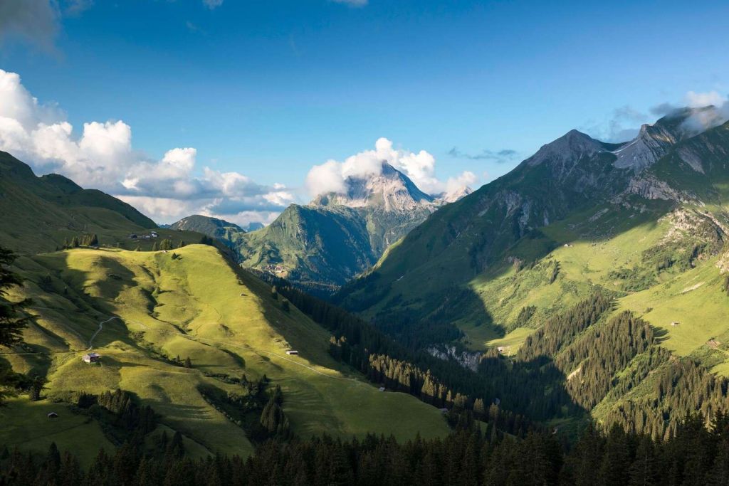 Sommerlicht über grünem Alpental.