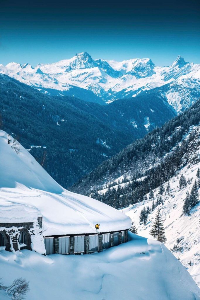 Deep blue alpine peaks in winter snow.