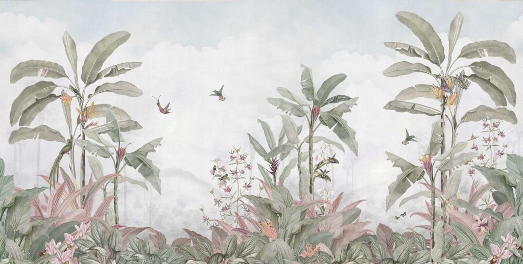 Kolibris zwischen tropischen Blättern.