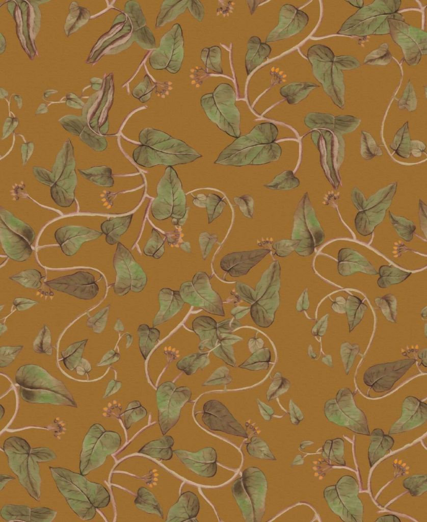 Kletternde Bohnenranken auf ockergelber Fläche.