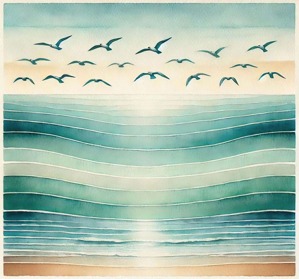 Sommerliches Meer mit fliegenden Möwen.