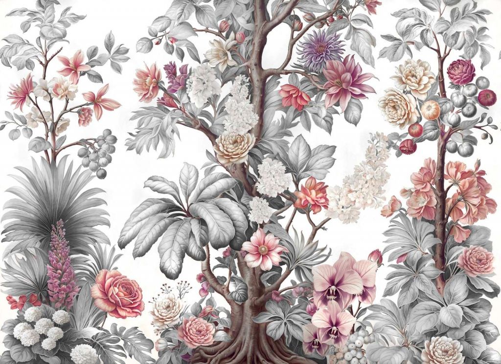 Botanischer Blütenbaum in Graustufen