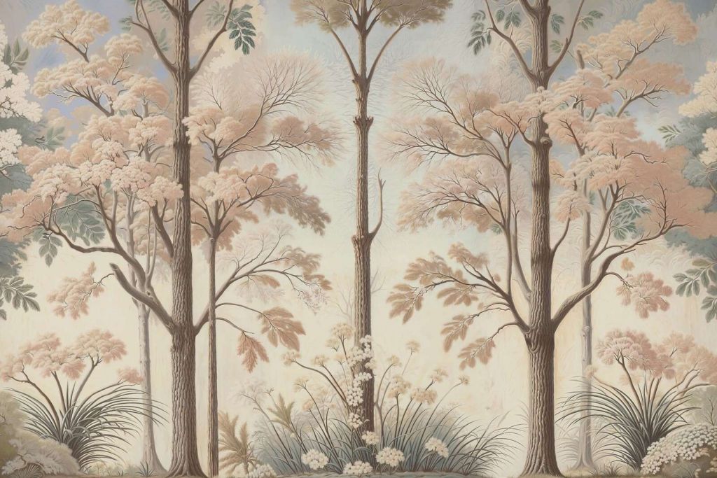 Zarte Waldlandschaft mit blühenden Bäumen.