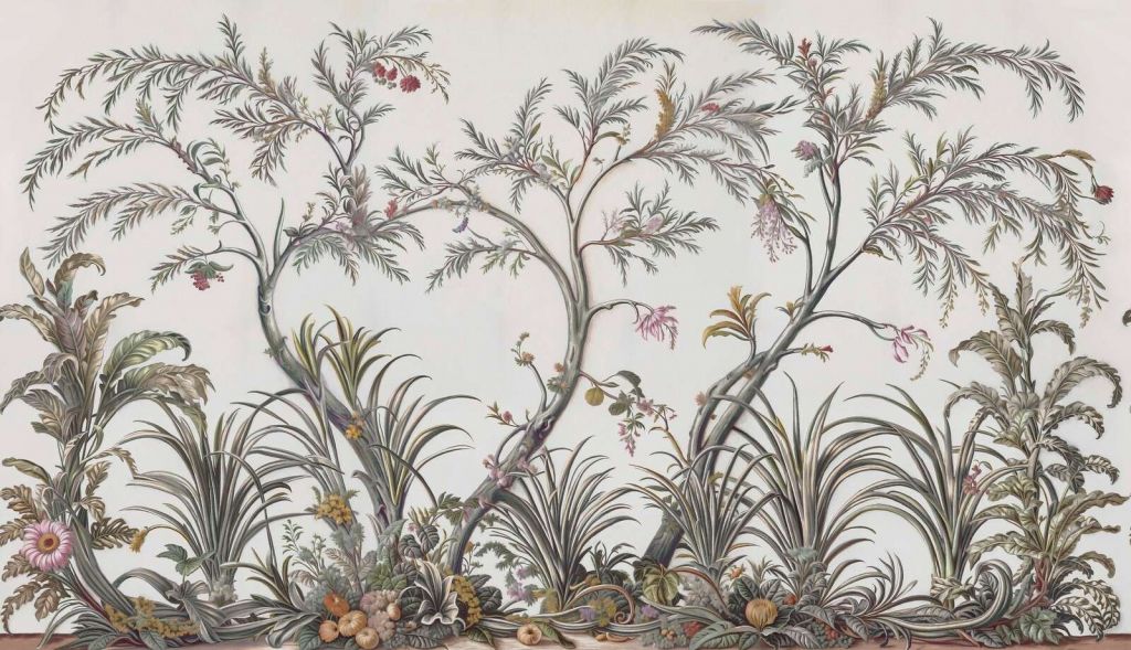 Zierliche botanische Bäume und Gräser