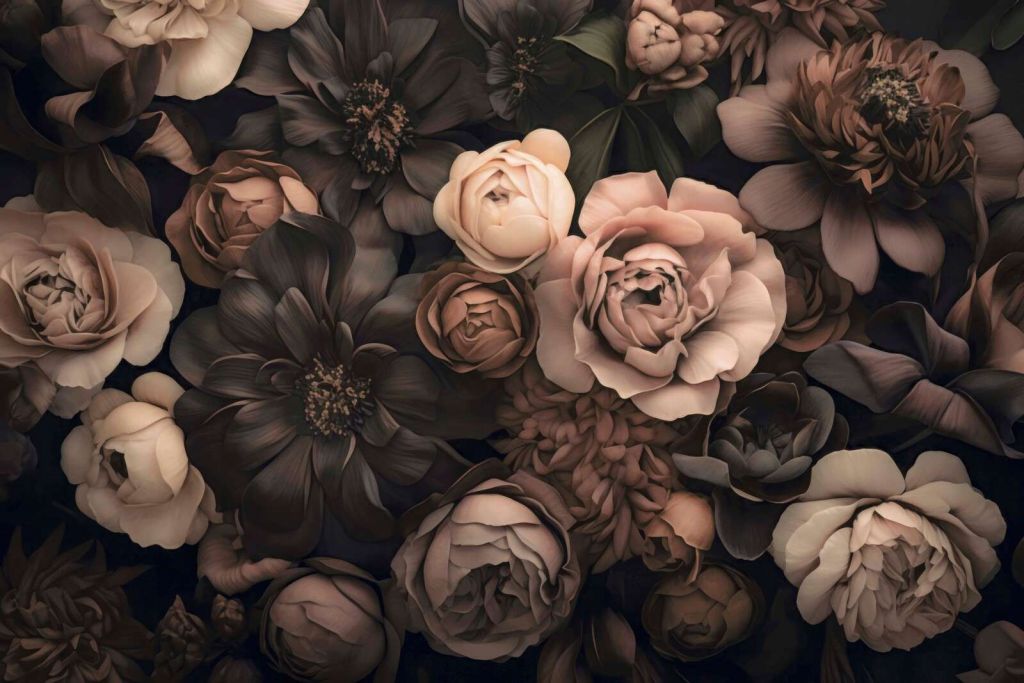 Opulente barocke Blumen, stimmungsvolle botanische Kunst, Blush und Braun