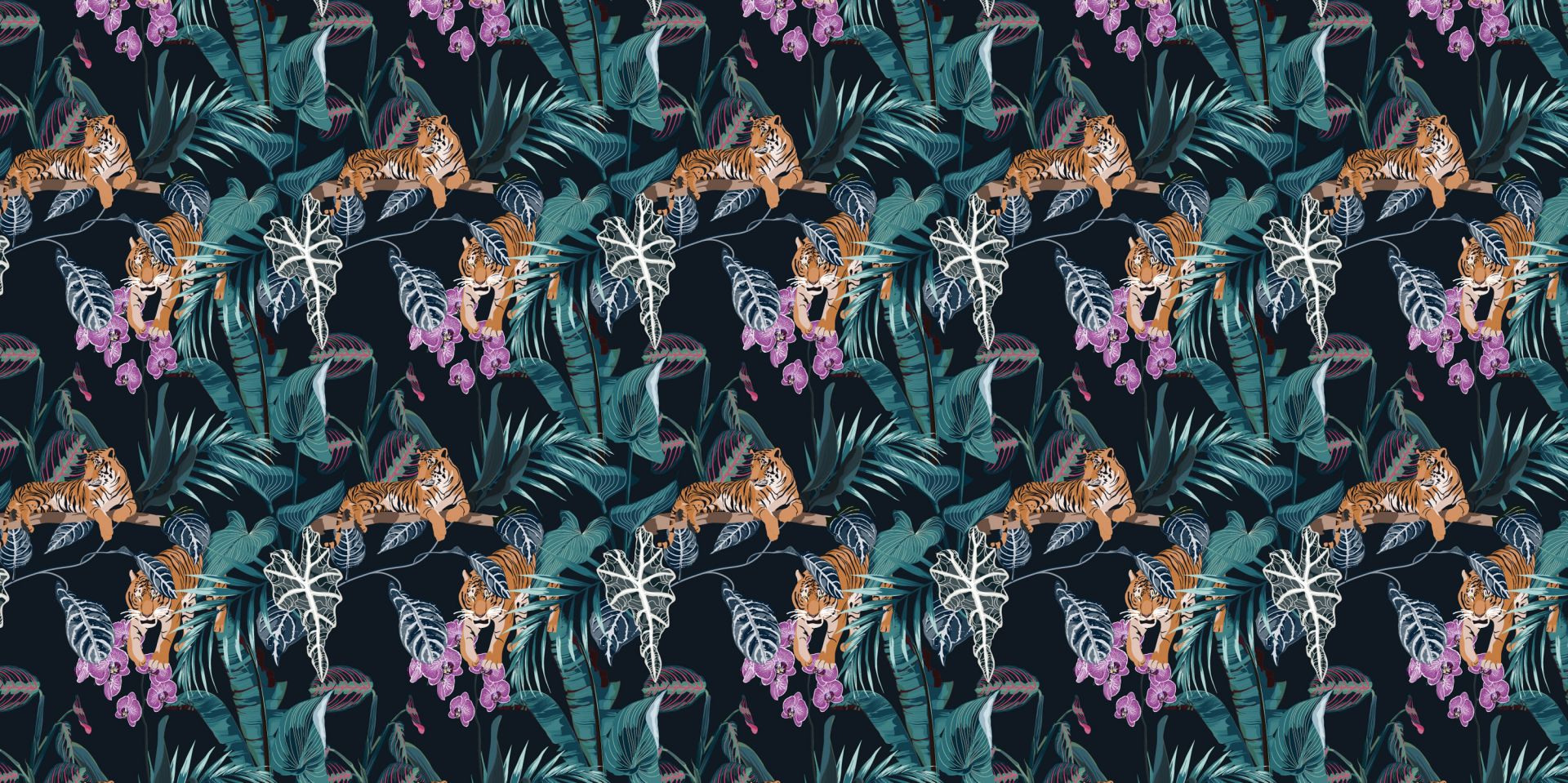 Tiger, Blätter und Blumen