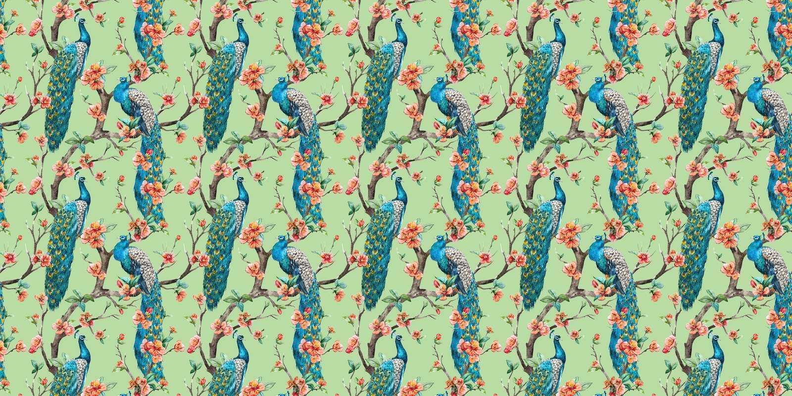 Pfau mit Gartenblüten