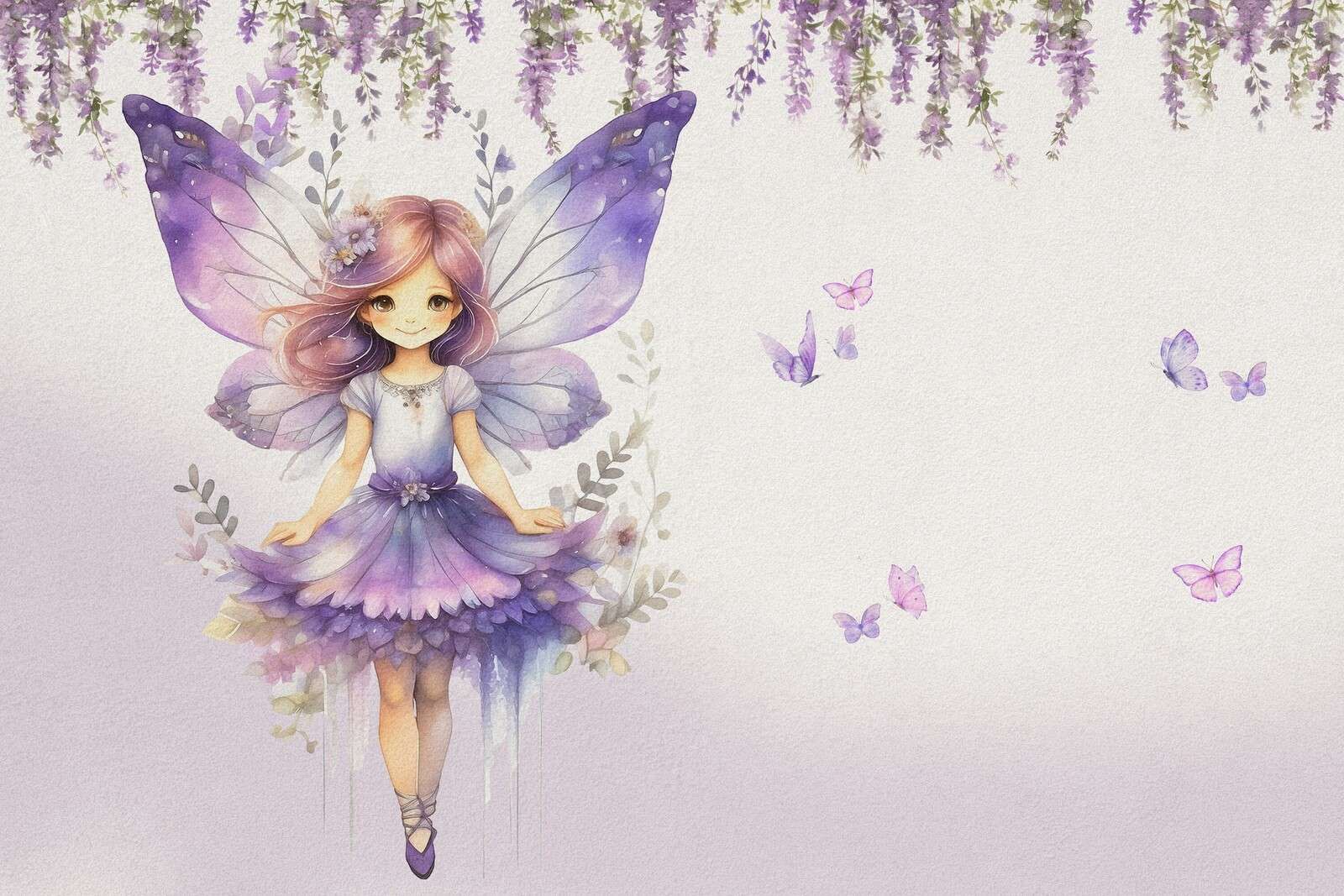 Lila Schmetterlingselfe im Blumengarten.