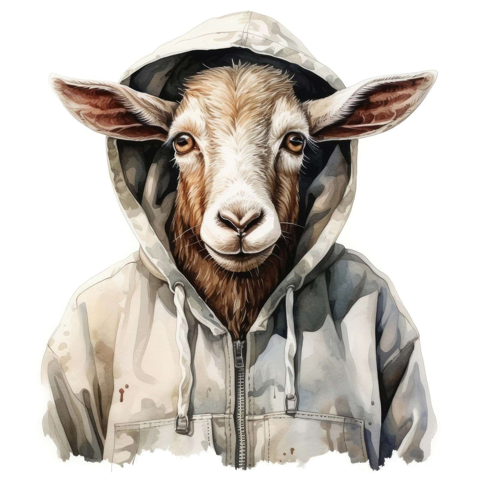 Aquarell-Cartoon-Ziege in einem Hoodie