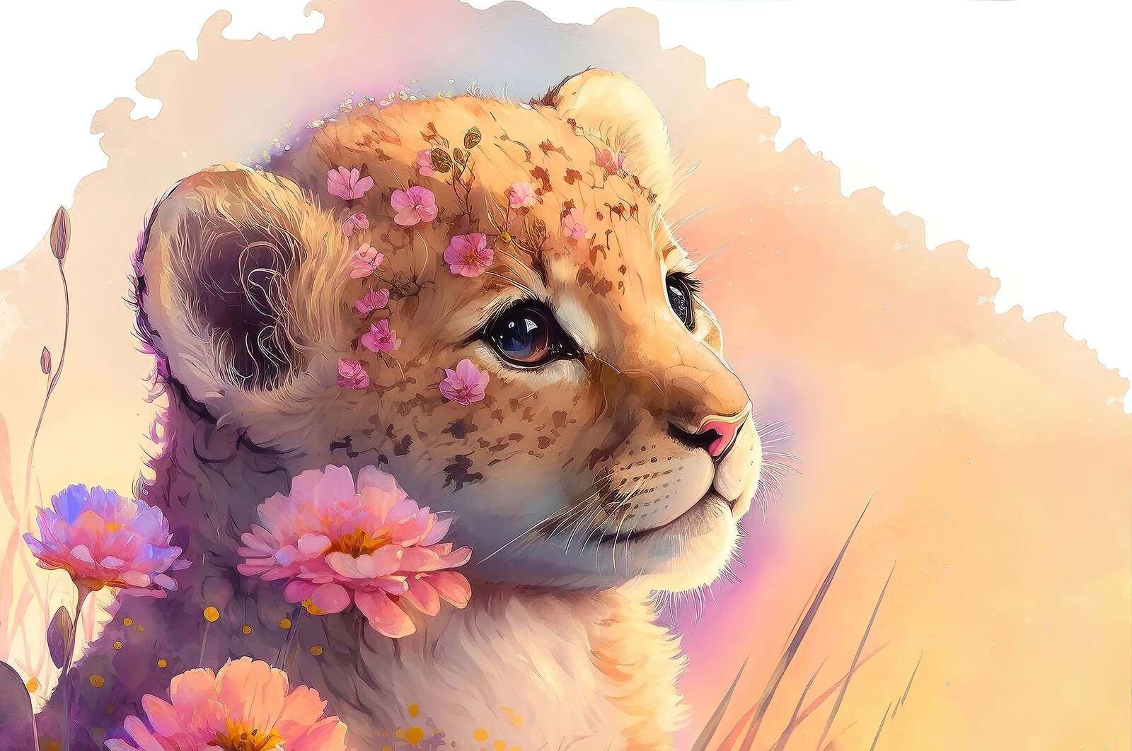Träumerischer Welpe zwischen den Blumen