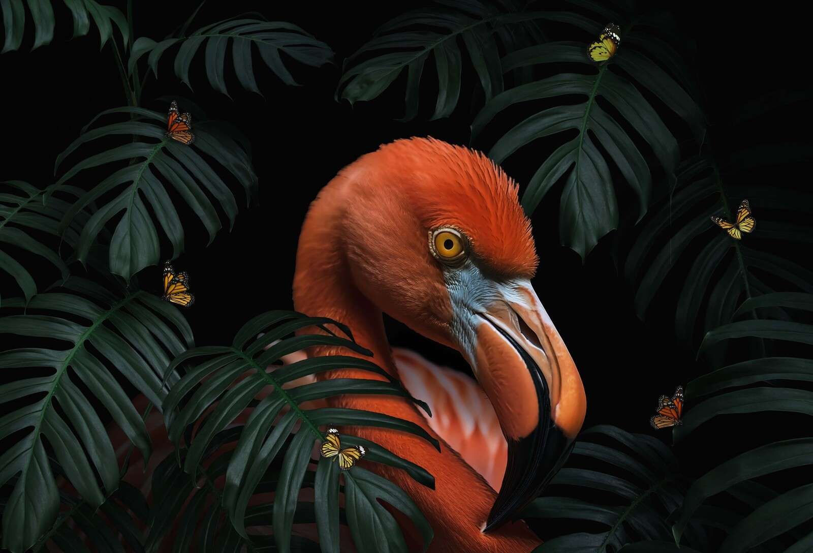 Flamingo zwischen tropischem Grün