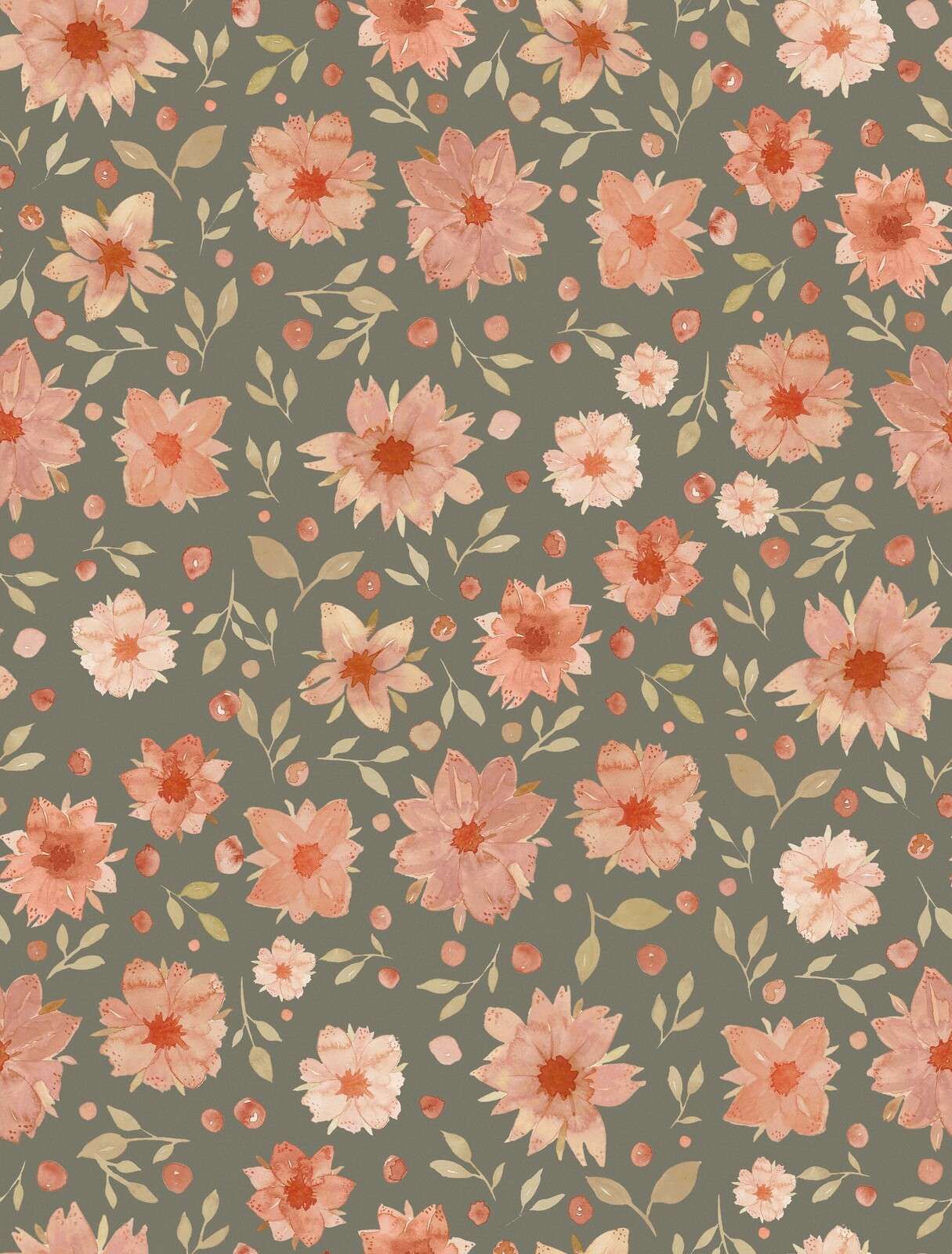 Korallenrosa Aquarellblumen auf Olivgrün