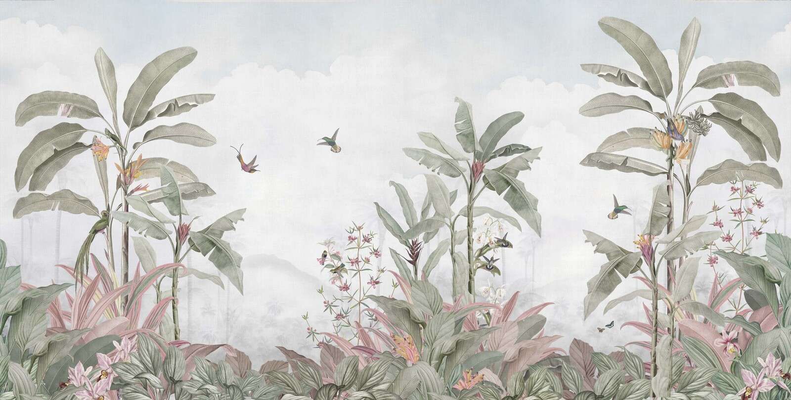Kolibris zwischen tropischen Blättern.