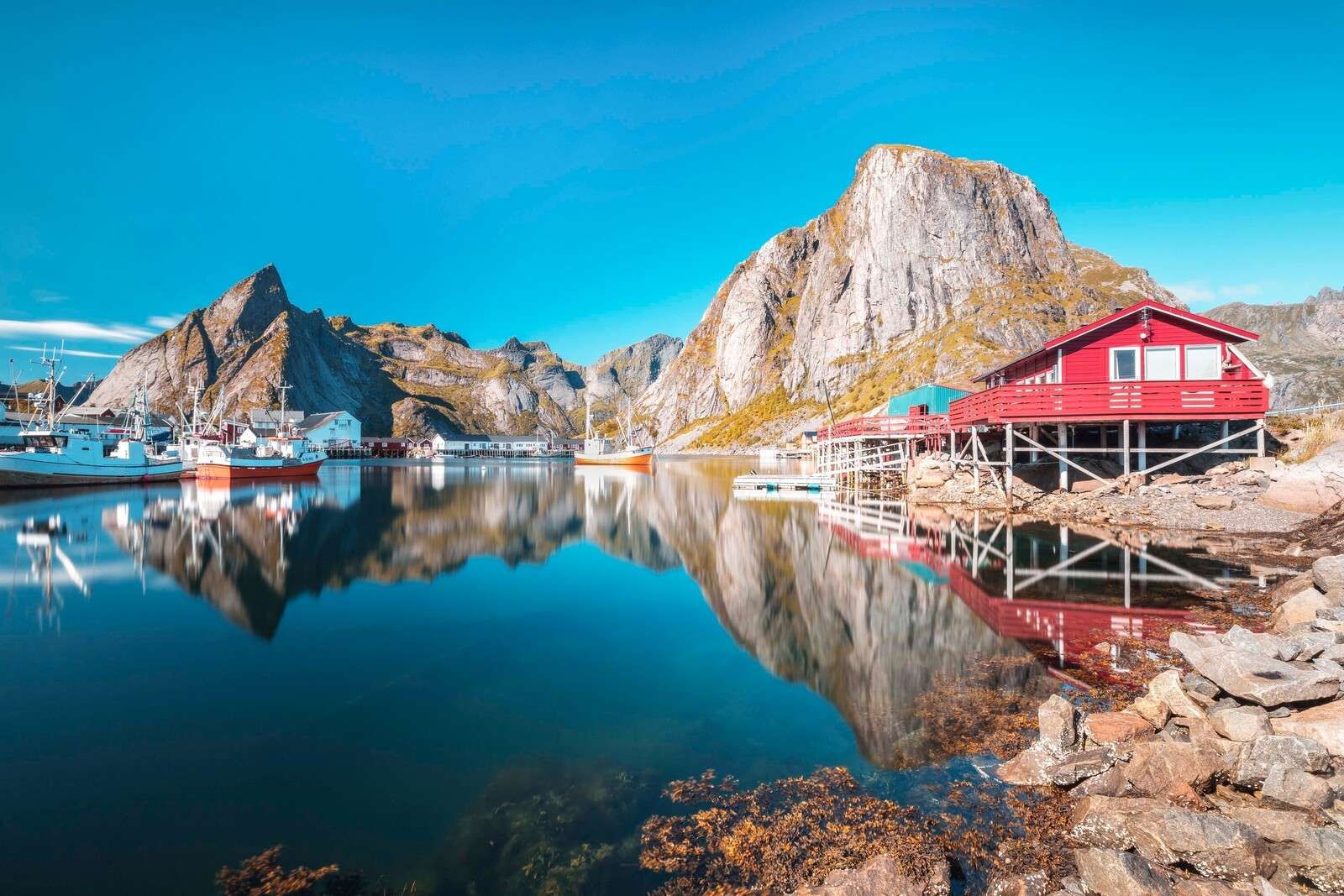 Rote Häuser am Fjordwasser