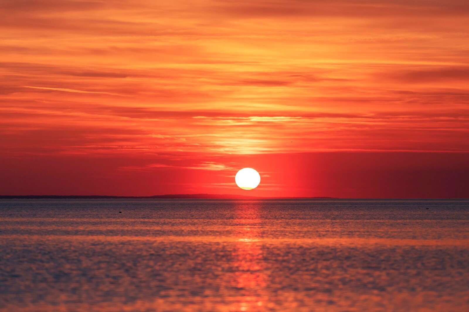 Feuerroter Sonnenuntergang über ruhigem Meer.