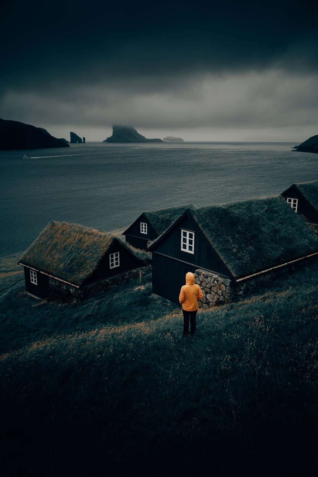 Grasdächer an einem nördlichen Fjord