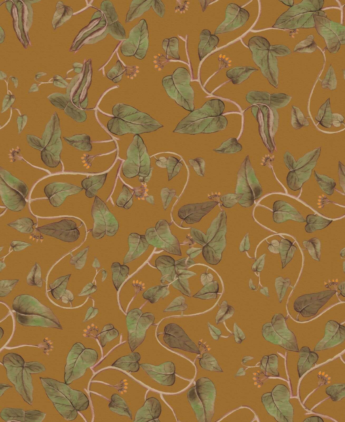 Kletternde Bohnenranken auf ockergelber Fläche.