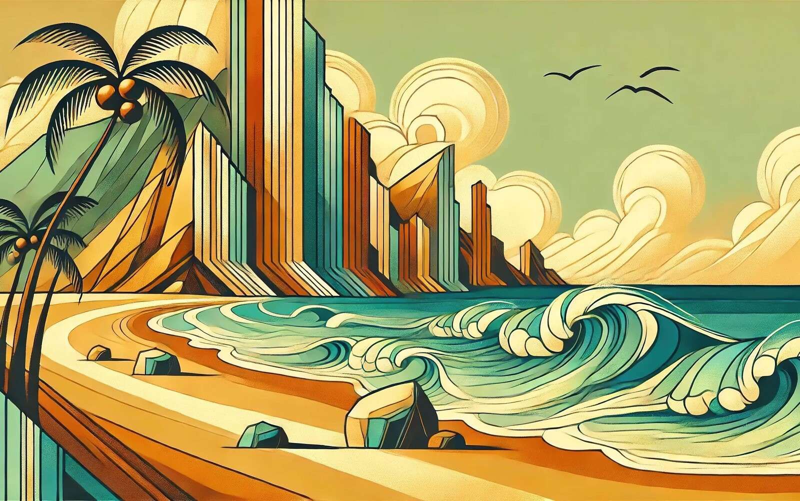 Wellen an der tropischen Art-Deco-Küste