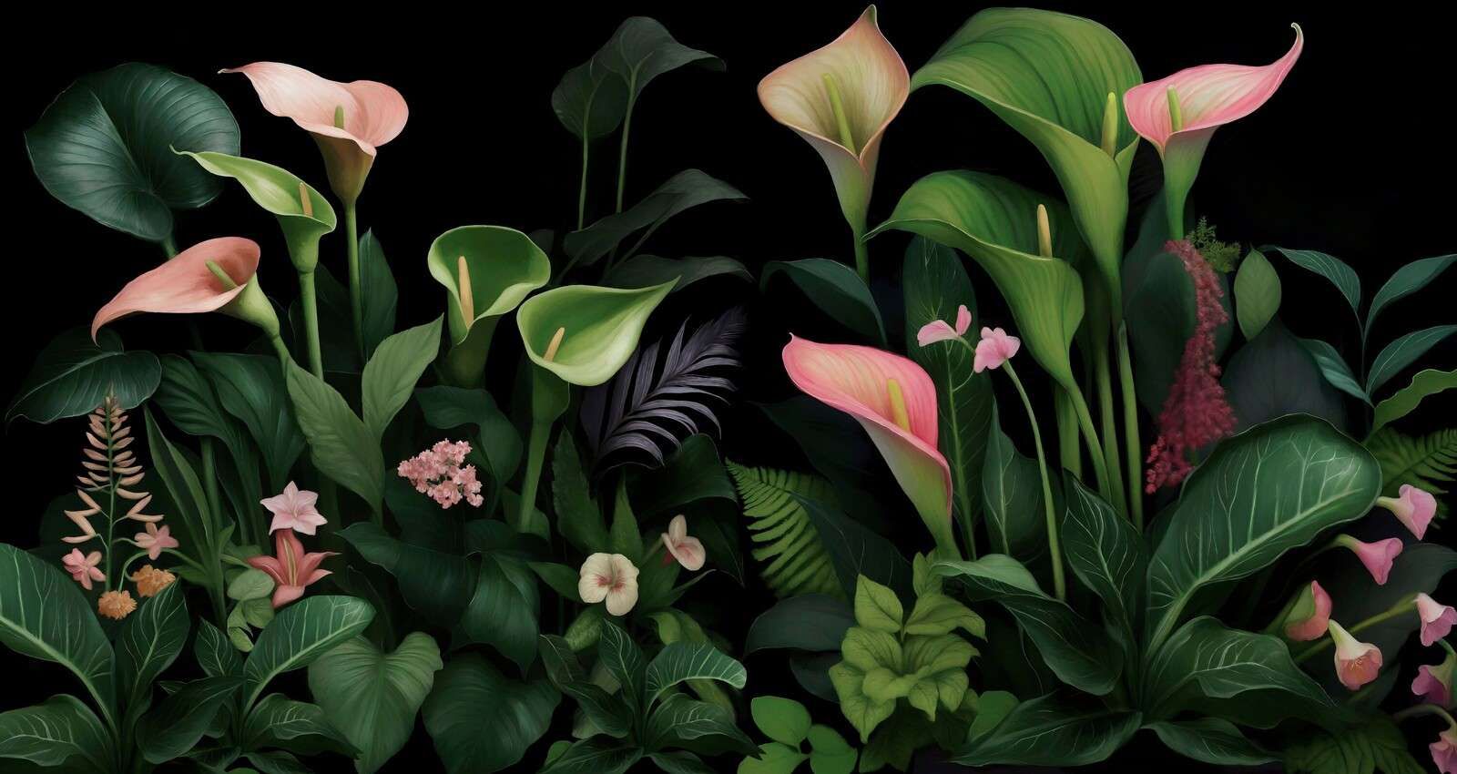 Tropische Calla-Lilien in der Nacht.