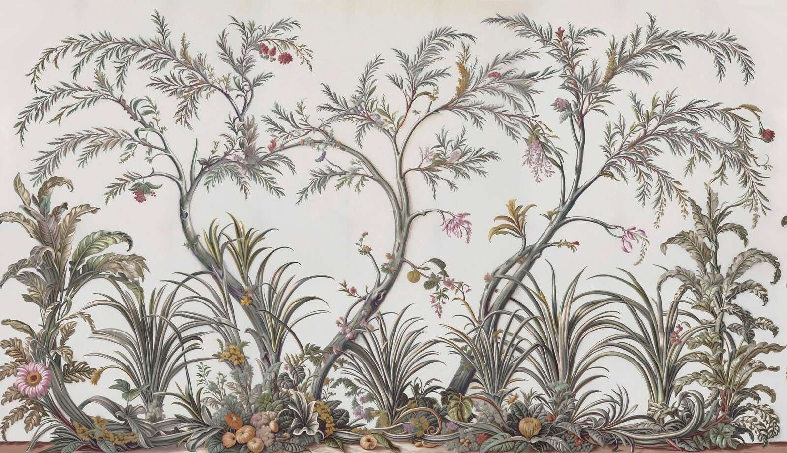 Zierliche botanische Bäume und Gräser