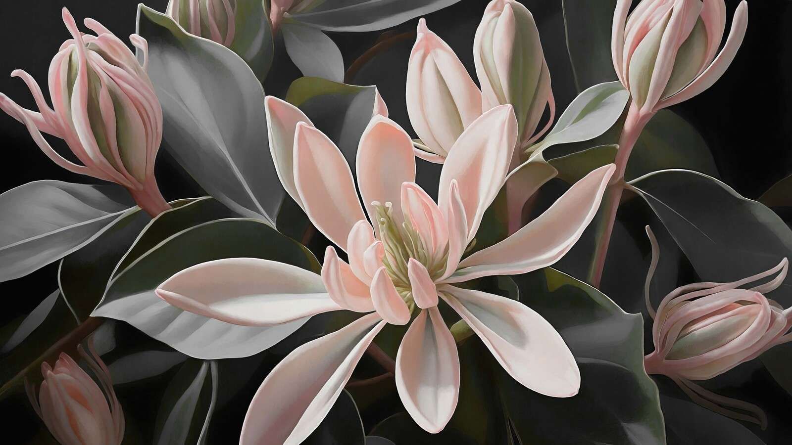 Zarte Magnolienblüten auf Dunkel