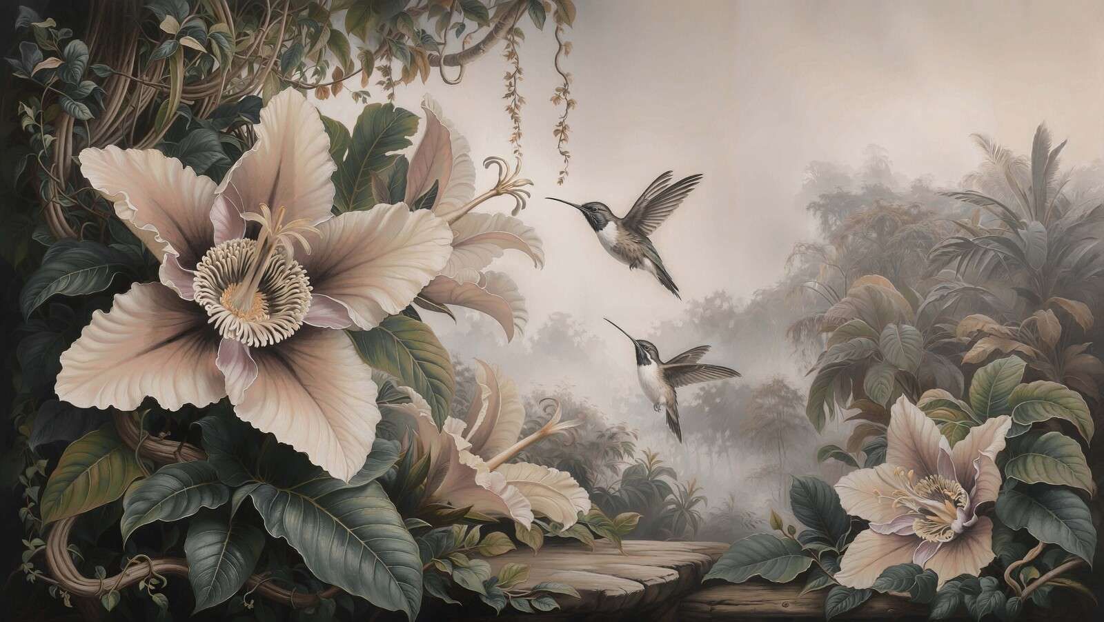 Tropische Blumen mit Kolibris
