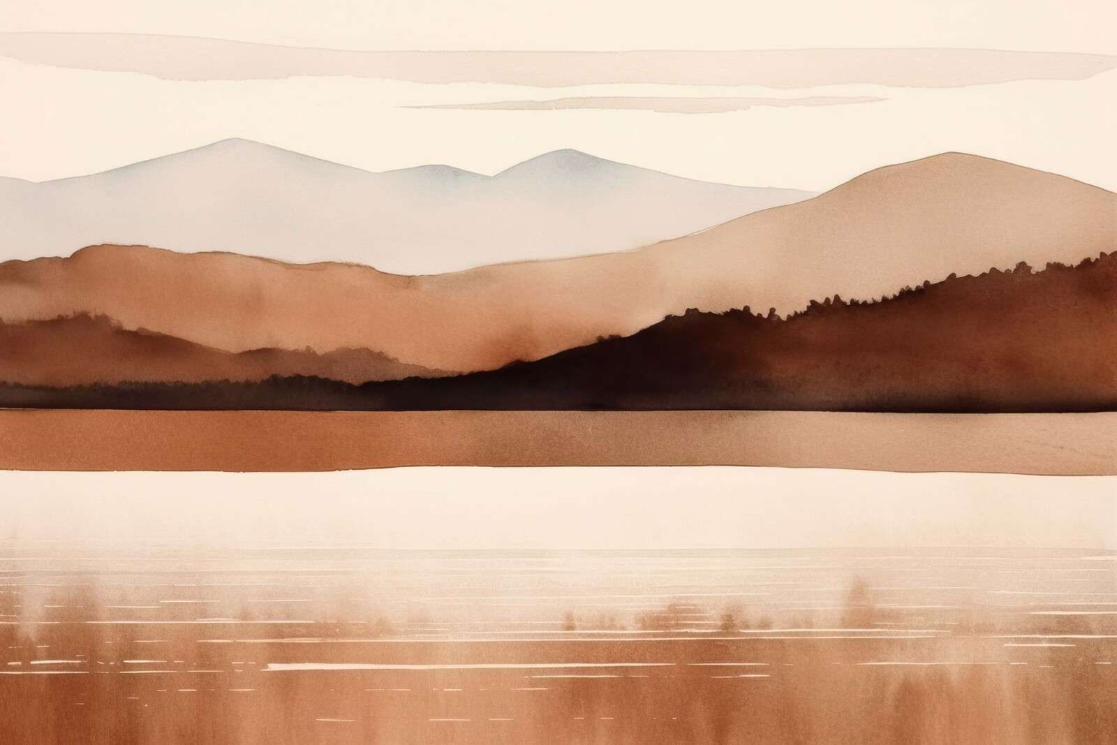 Ruhige Seeblick-Aquarelllandschaft