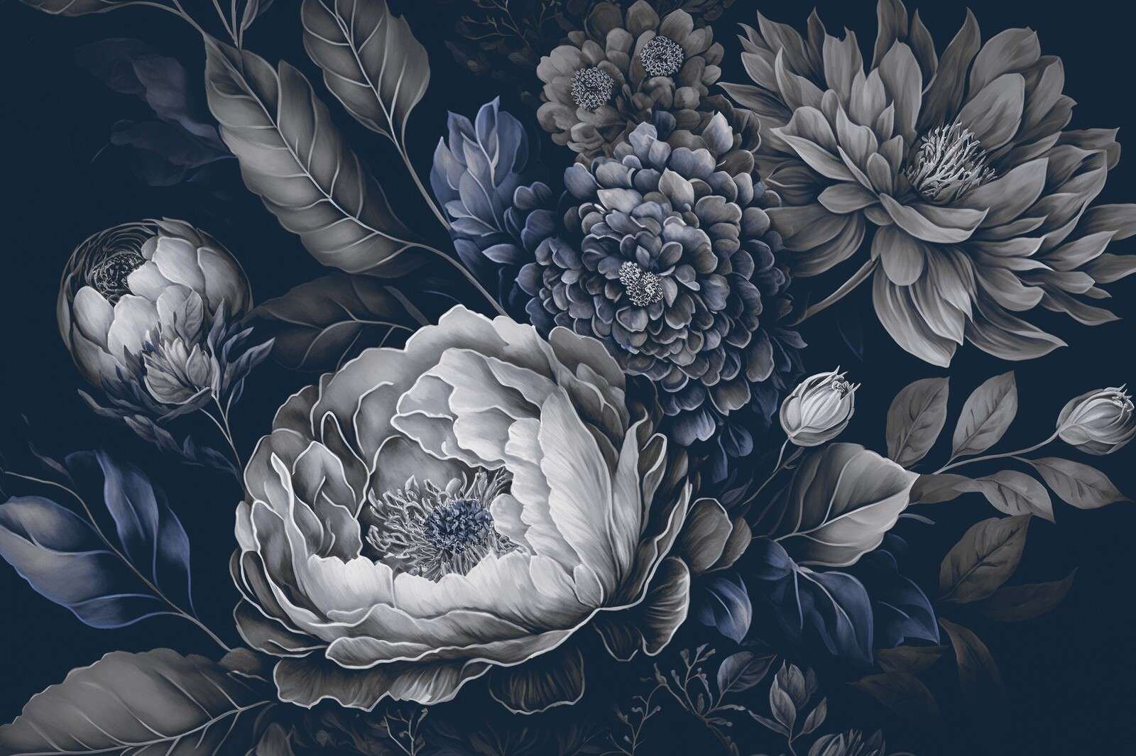 Blaues großes barockes Blumenmuster