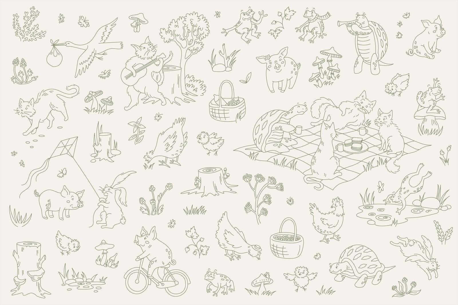 Walddiere ruhig beige und dunkelgrün